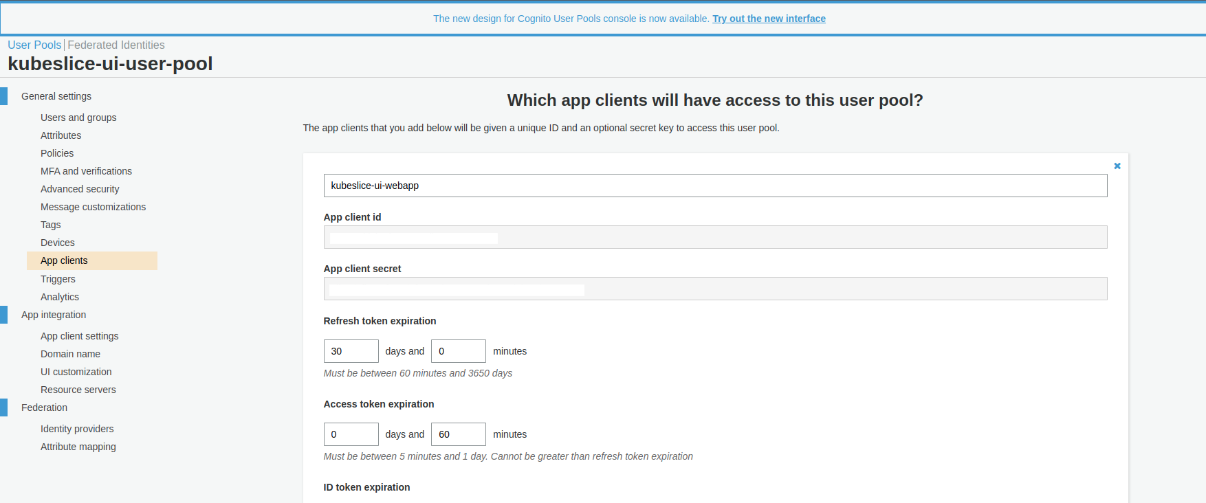 Amazon Cognito App client details